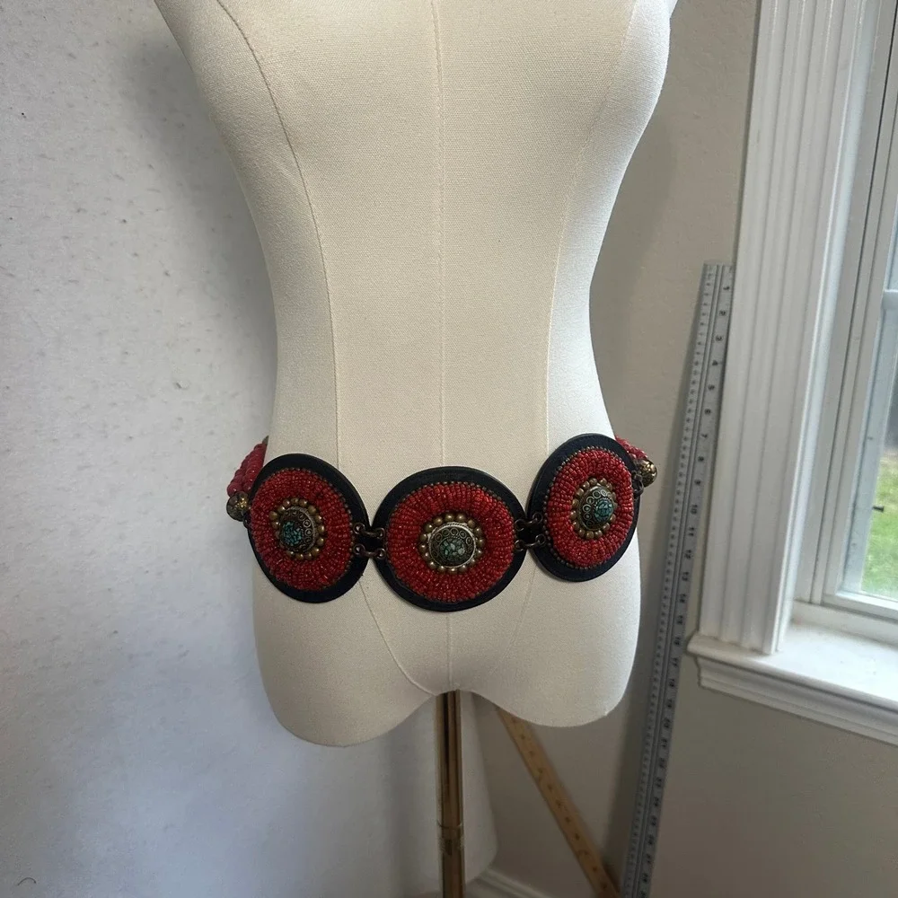 Chicos Red Beaded Leather Medallion Belt Turquoise Accents Boho S/M